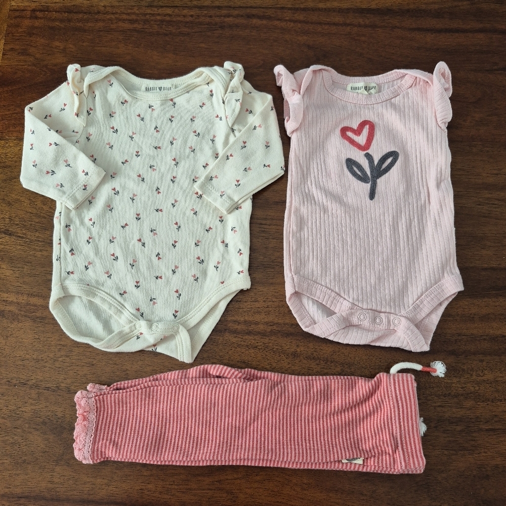 Rabbit + Bear Organics Girls Floral Heart Outfit Size 3-6M